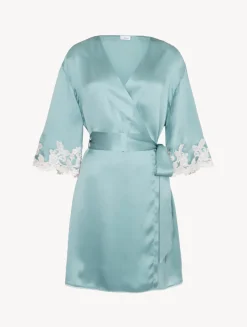 La Perla Bata Corta De Raso De Seda De Color Almendra Con Frastaglio