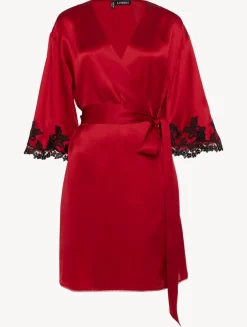 La Perla Bata Corta De Seda Roja Con Frastaglio Color Negro