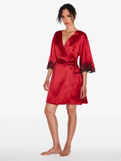 La Perla Bata Corta De Seda Roja Con Frastaglio Color Negro