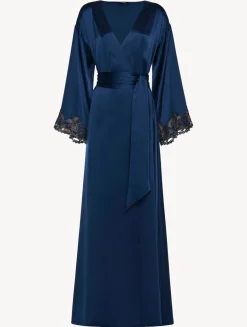 La Perla Bata Larga De Seda Azul Oscuro Con Frastaglio Color Plata