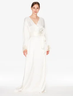 La Perla Bata Larga De Seda Blanca Con Frastaglio Marfil