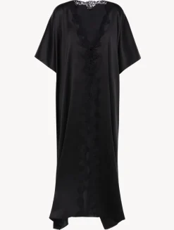 La Perla Bata Larga De Seda Negra Con Macramé