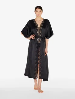 La Perla Bata Larga De Seda Negra Con Macramé