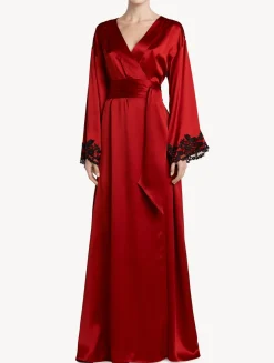 La Perla Bata Larga De Seda Roja Con Frastaglio Color Negro