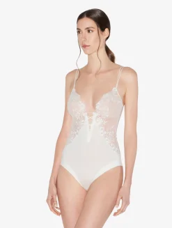 La Perla Body De Lycra Con Tul Bordado Blanquecino
