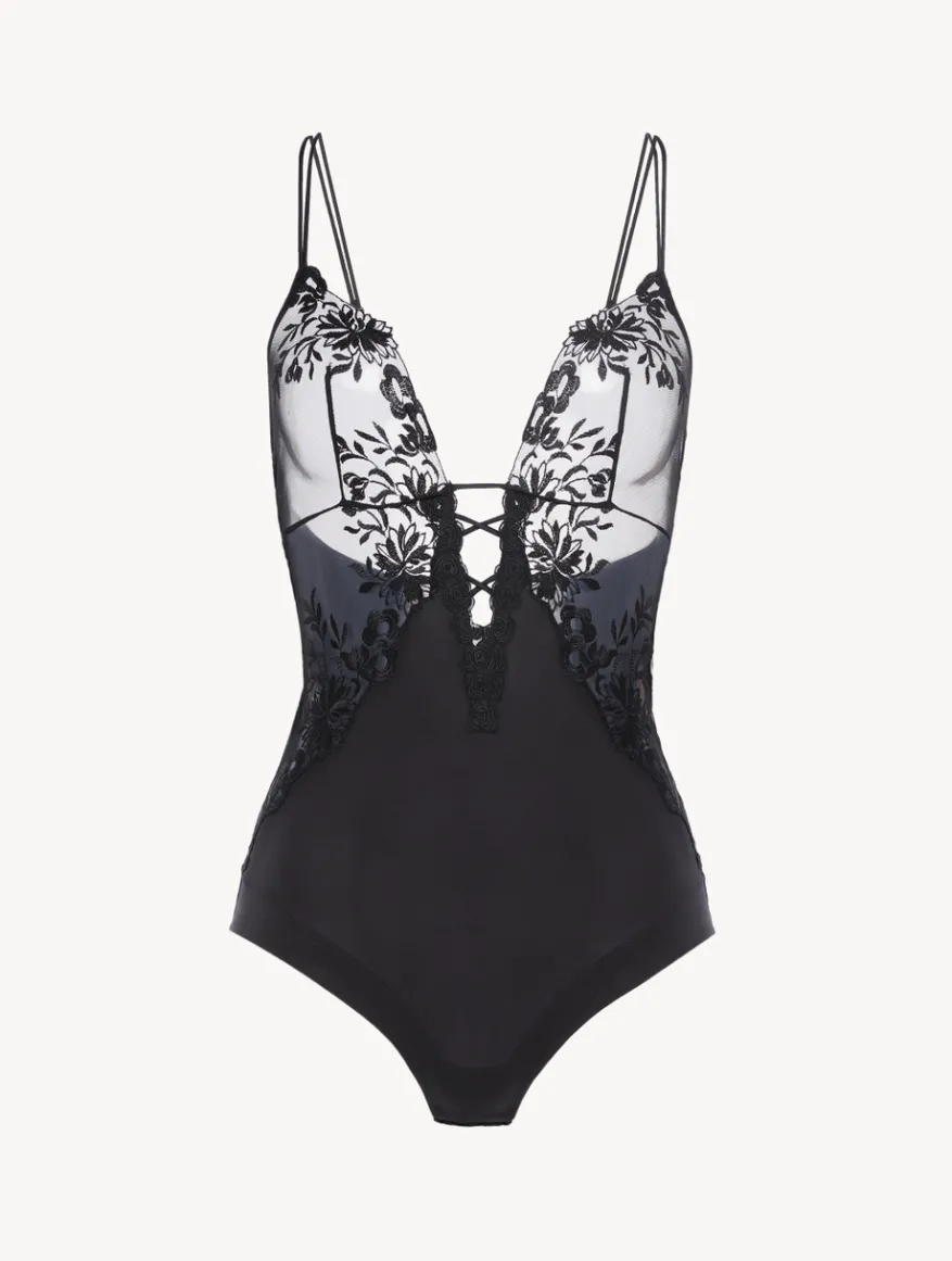 La Perla Body De Lycra Con Tul Bordado Negro