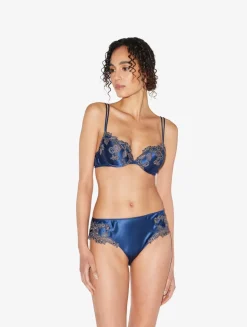 La Perla Braguita Talle Medio De Seda Azul Oscuro Con Frastaglio Color Plata