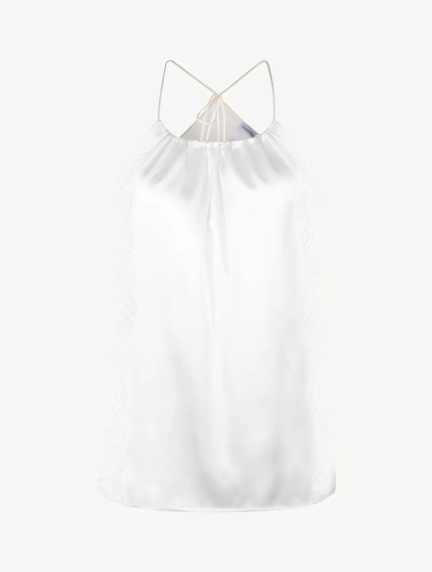 La Perla Camiseta De Seda Blanquecina Con Lazada En La Nuca Y Ribetes De Encaje Leavers