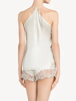 La Perla Camiseta De Seda Blanquecina Con Lazada En La Nuca Y Ribetes De Encaje Leavers