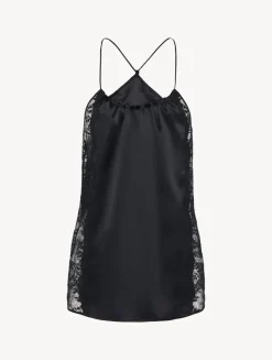 La Perla Camiseta De Seda Negra Con Lazada En La Nuca Y Ribetes De Encaje Leavers