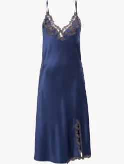 La Perla Camisón Corto De Raso De Seda Azul Oscuro Con Frastaglio