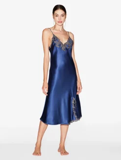 La Perla Camisón Corto De Raso De Seda Azul Oscuro Con Frastaglio