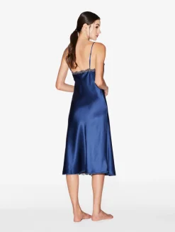 La Perla Camisón Corto De Raso De Seda Azul Oscuro Con Frastaglio