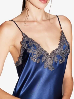 La Perla Camisón Corto De Raso De Seda Azul Oscuro Con Frastaglio