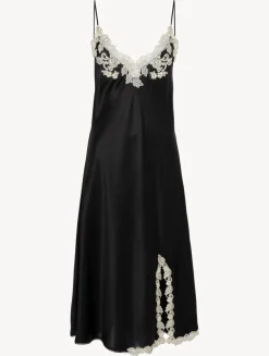 La Perla Camisón Corto De Raso De Seda Negro Con Frastaglio