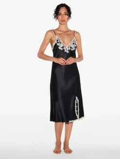 La Perla Camisón Corto De Raso De Seda Negro Con Frastaglio