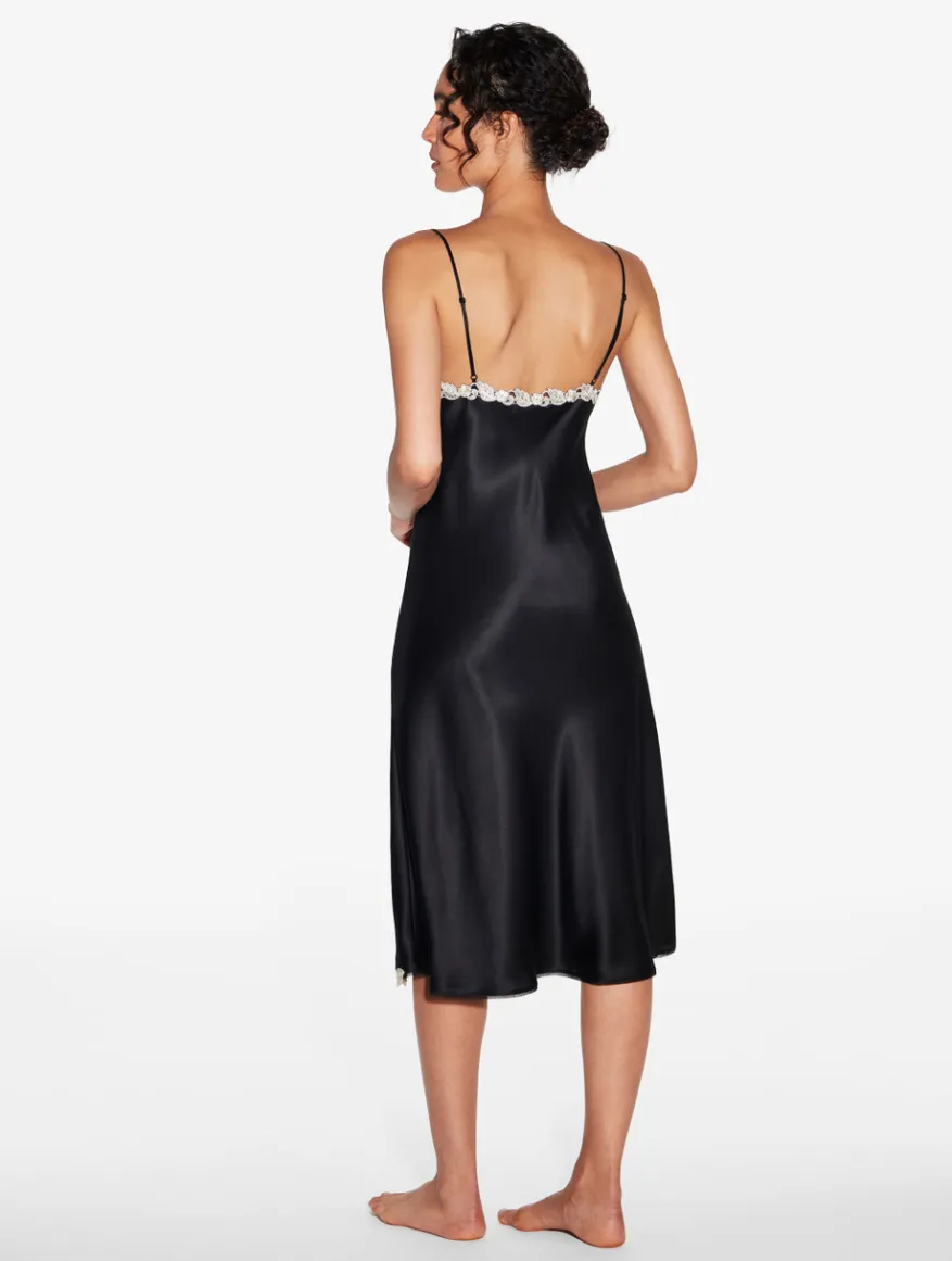 La Perla Camisón Corto De Raso De Seda Negro Con Frastaglio