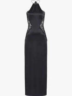 La Perla Camisón De Seda Negro Con Lazada En La Nuca Y Ribetes De Encaje Leavers