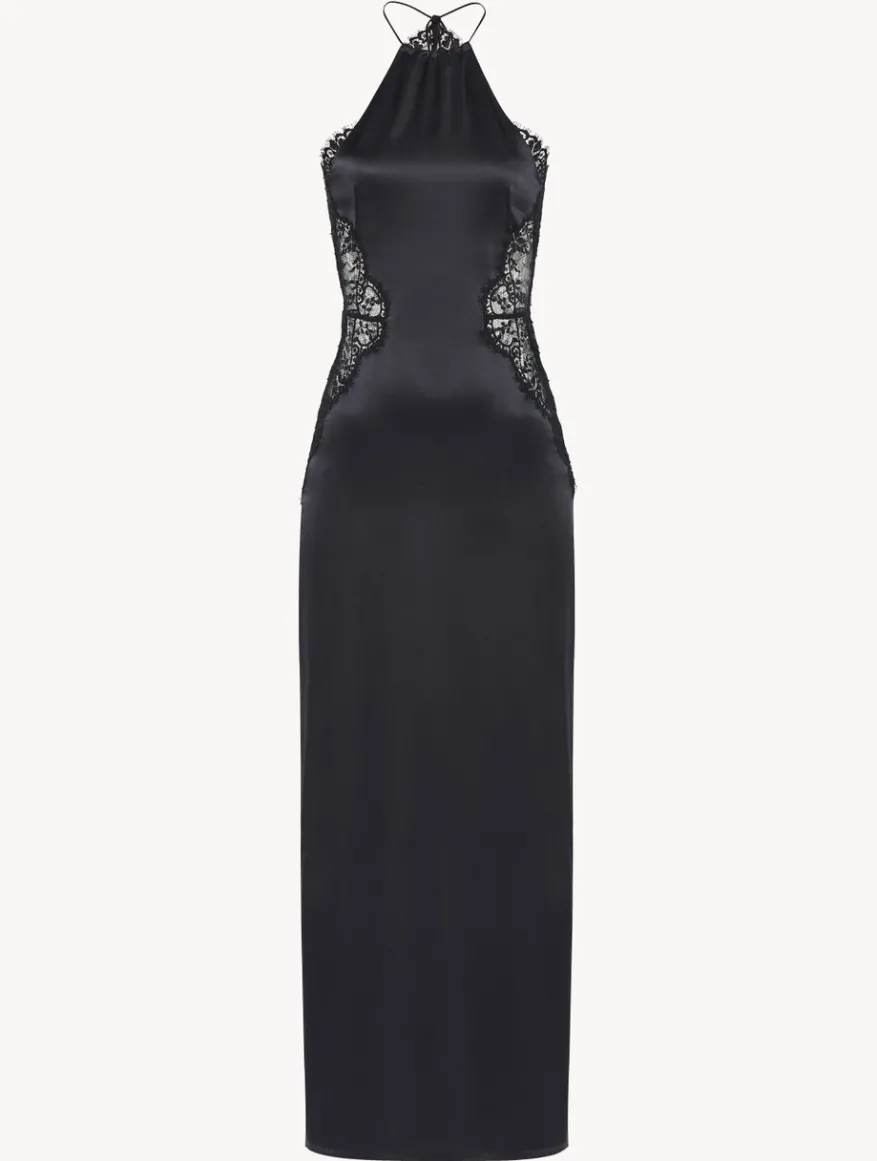 La Perla Camisón De Seda Negro Con Lazada En La Nuca Y Ribetes De Encaje Leavers