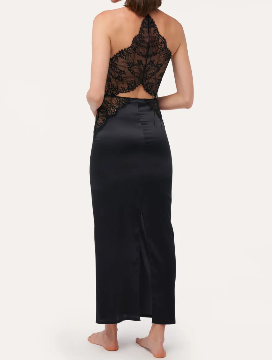 La Perla Camisón De Seda Negro Con Lazada En La Nuca Y Ribetes De Encaje Leavers