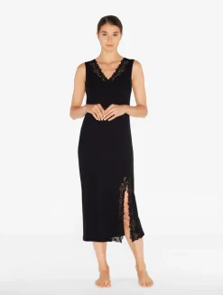 La Perla Camisón Largo Acanalado En Mezcla De Cachemir De Color Onyx Con Frastaglio