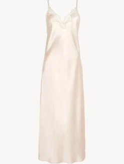 La Perla Camisón Largo De Seda Beige Rosado Con Macramé