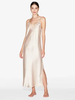 La Perla Camisón Largo De Seda Beige Rosado Con Macramé