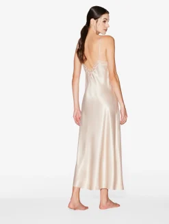 La Perla Camisón Largo De Seda Beige Rosado Con Macramé