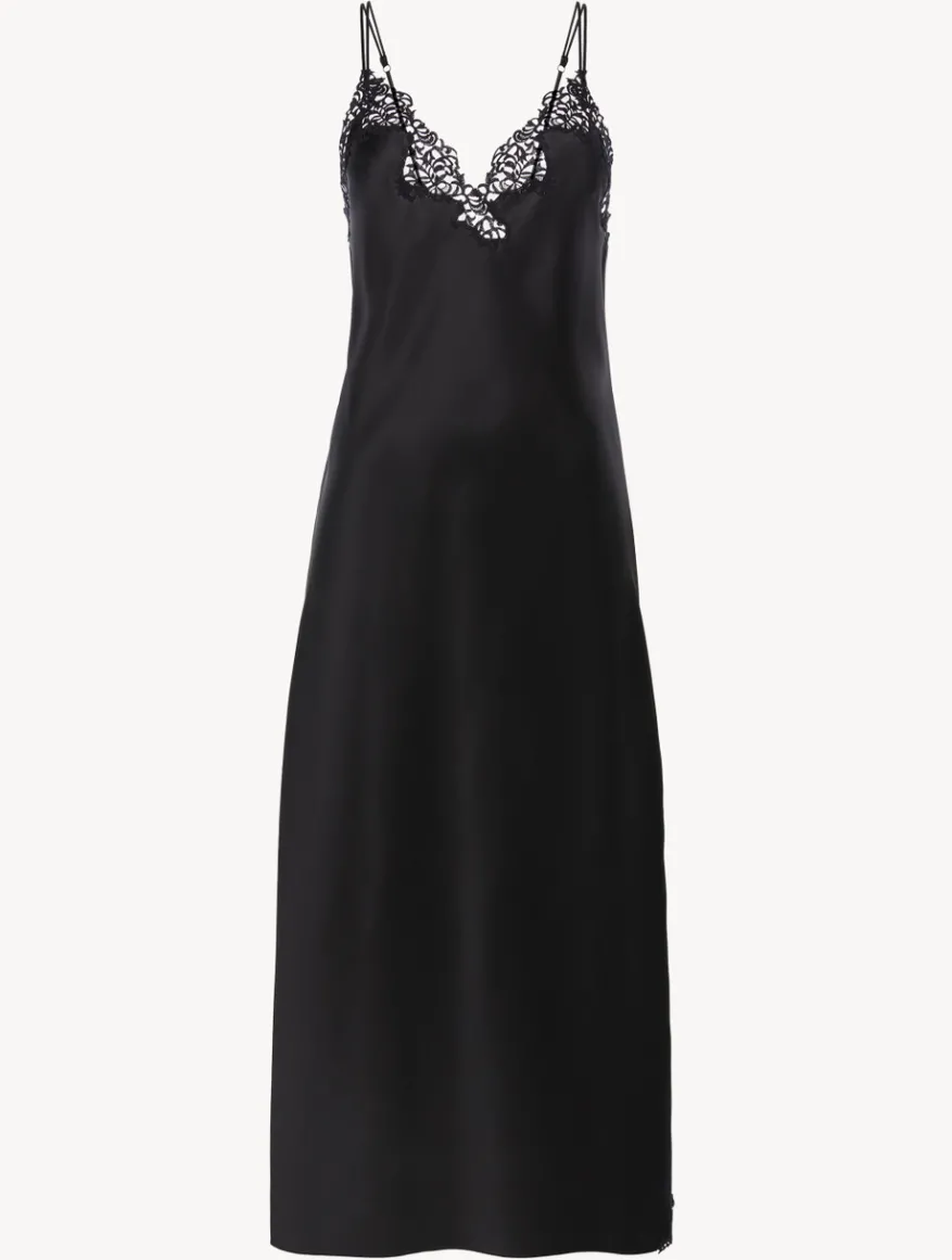 La Perla Camisón Largo De Seda Negra Con Macramé