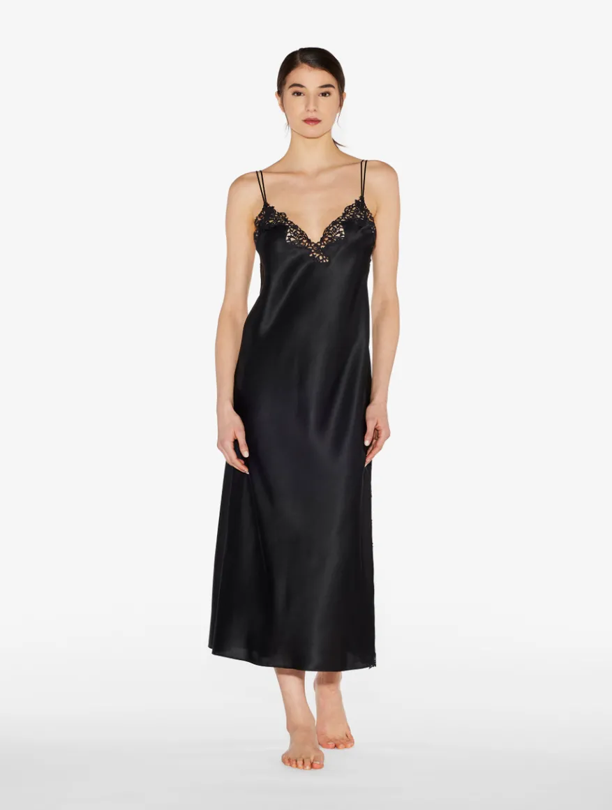 La Perla Camisón Largo De Seda Negra Con Macramé