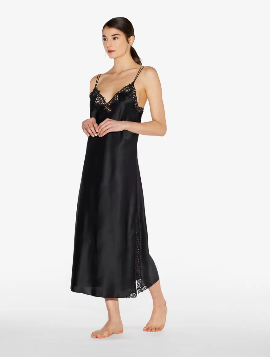 La Perla Camisón Largo De Seda Negra Con Macramé