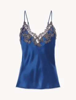 La Perla Camisola De Seda Azul Oscuro Con Frastaglio Color Plata