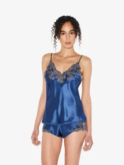 La Perla Camisola De Seda Azul Oscuro Con Frastaglio Color Plata