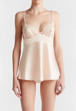 La Perla Camisola En Seda Beige Rosada Con Macramé Frastaglio