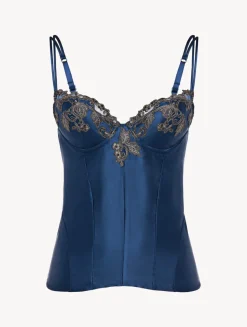 La Perla Corsé Azul Oscuro De Raso De Seda Con Frastaglio Color Plata