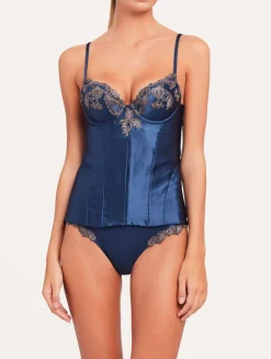 La Perla Corsé Azul Oscuro De Raso De Seda Con Frastaglio Color Plata