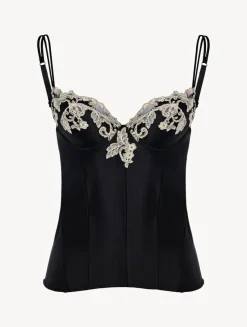 La Perla Corsé Negro De Raso De Seda Con Frastaglio Color Marfil