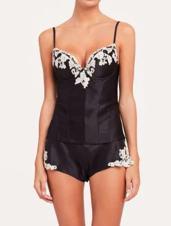 La Perla Corsé Negro De Raso De Seda Con Frastaglio Color Marfil