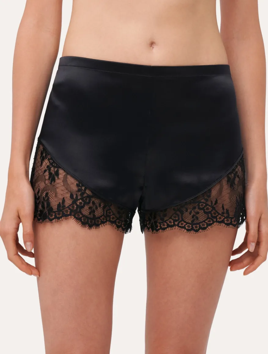La Perla Pantalón Corto De Seda Negro Con Ribetes De Encaje Leavers