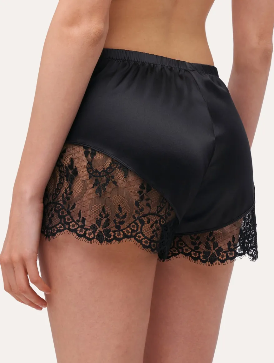 La Perla Pantalón Corto De Seda Negro Con Ribetes De Encaje Leavers