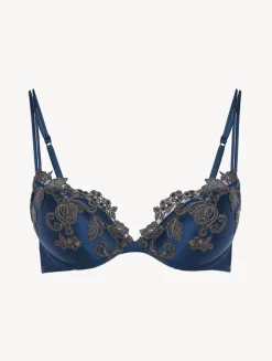 La Perla Sujetador Push-up De Seda Azul Oscuro Con Frastaglio Color Plata