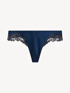 La Perla Tanga De Raso De Seda Azul Oscuro Con Frastaglio Color Plata