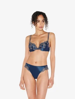 La Perla Tanga De Raso De Seda Azul Oscuro Con Frastaglio Color Plata