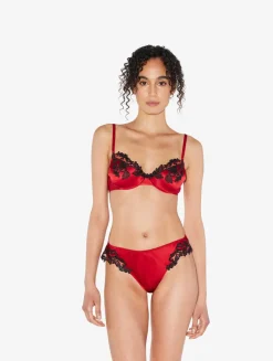 La Perla Tanga De Raso De Seda Roja Con Frastaglio Color Negro