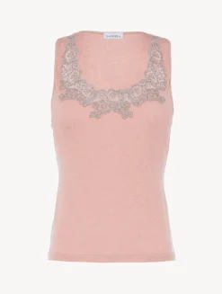 La Perla Top Acanalado Sin Mangas En Mezcla De Cachemir De Color Blush Clay Con Frastaglio