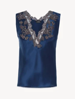 La Perla Top De Raso De Seda De Color Azul Oscuro Con Frastaglio