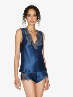 La Perla Top De Raso De Seda De Color Azul Oscuro Con Frastaglio